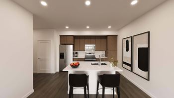 Open kitchen with island seating and wood cabinetry